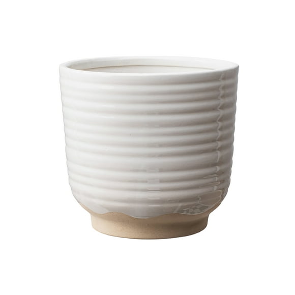 BHG 8.5in Dia White Horizontal Stripe Ceramic Planter