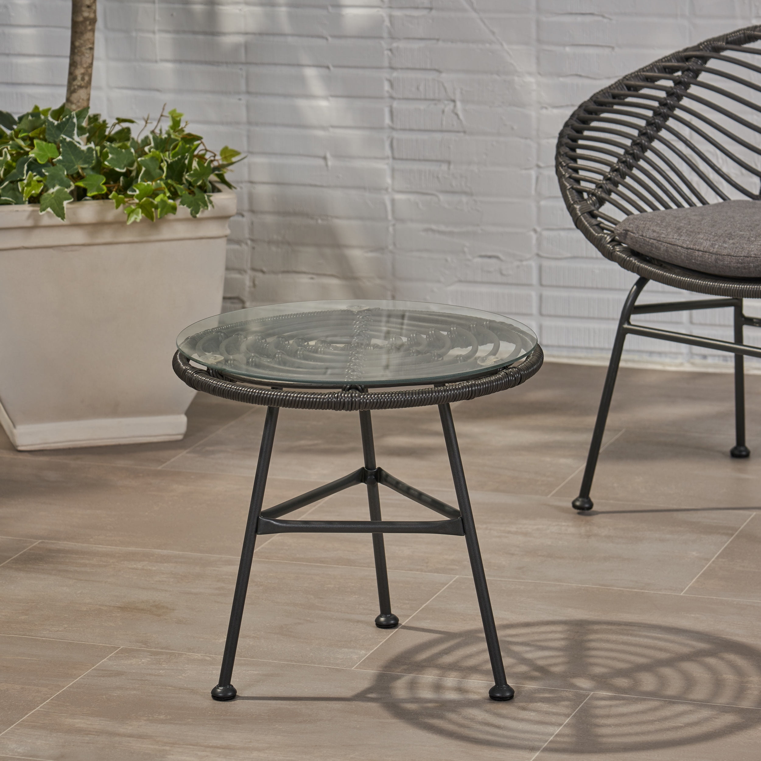 Euroco Modern Round Outdoor Side Table, Rattan Woven Top with Tempered Glass, Steel Frame