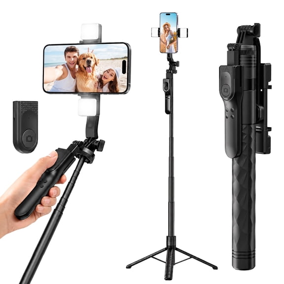 67" Selfie Stick Tripod, Portable Phone Stand for Recording, Dual Fill Light Cell Phone Tripod Mount with Bluetooth Remote, 360° Rotatable Gimbal Tripod for Live Streaming Vlog Video Photography