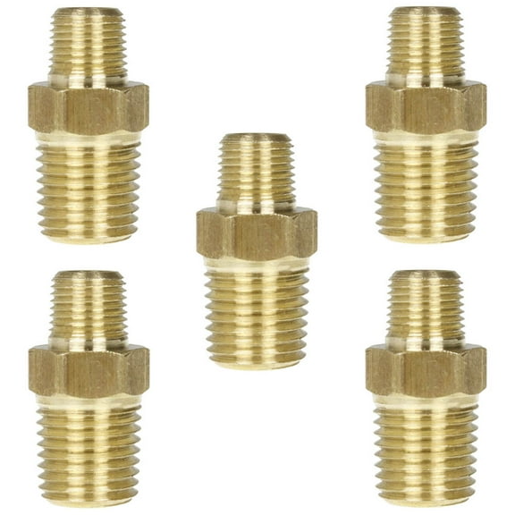 5 Pack 1/4" x 1/8" Male NPTF Pipe Reducing Hex Nipple Solid Brass Pipe Fitting