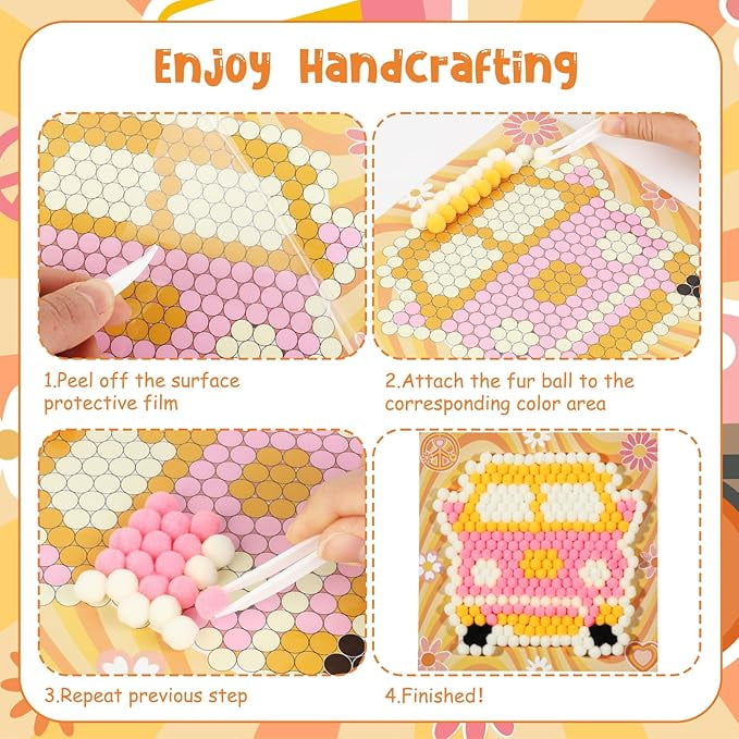 CORNER LACE Groovy Theme DIY Pom Pom Art Set for Kids Age 3-6 Years Old 3 Pieces - Fun Arts and Crafts, Sensory Activity Creativity Birthday Christmas Gift Includes 3 Patterns