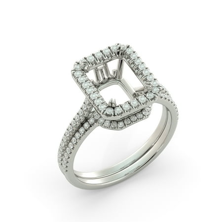 Round Diamond Wedding Set Mounting - Emerald Wedding Set Semi Mount Round Diamond Engagement Ring Platinum