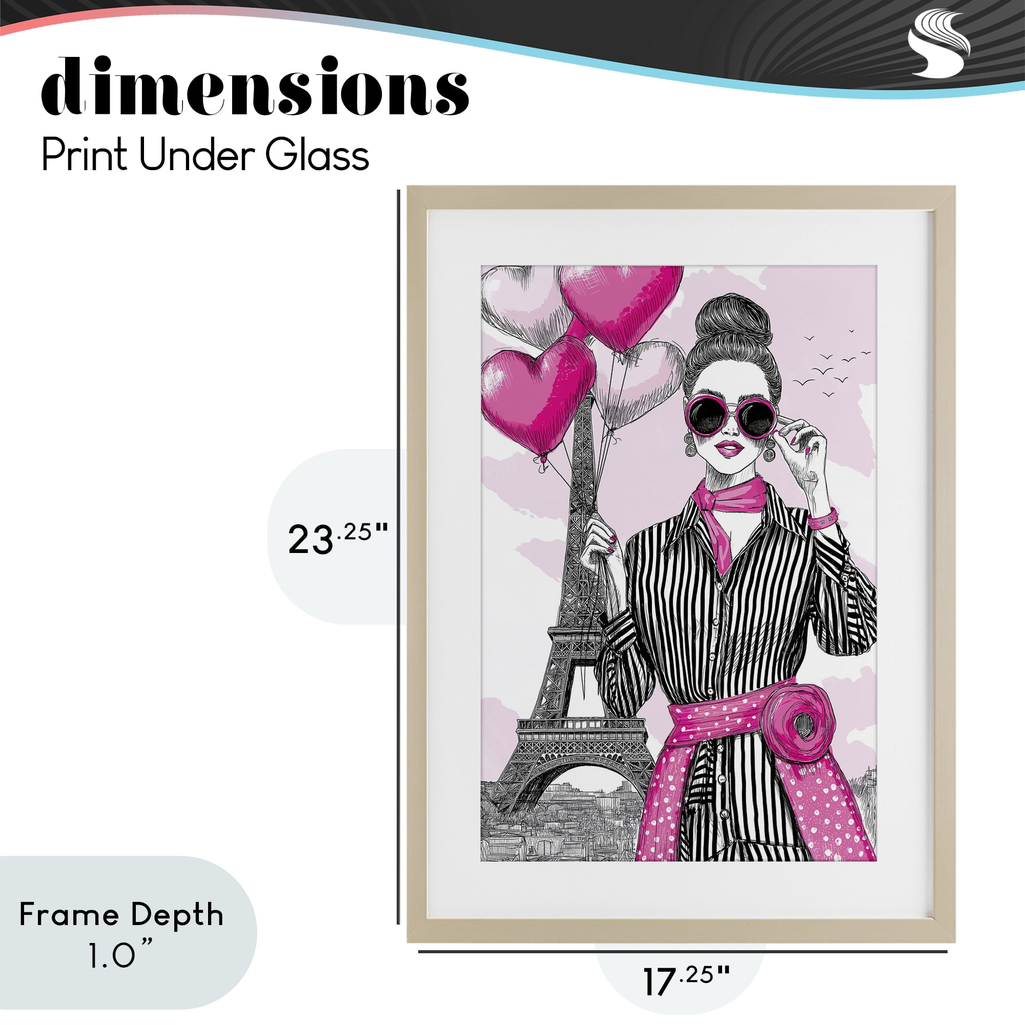 Stupell Industries Parisian Chic Woman with Balloons Birch Framed Print Under Glass, design by Jess Stempel