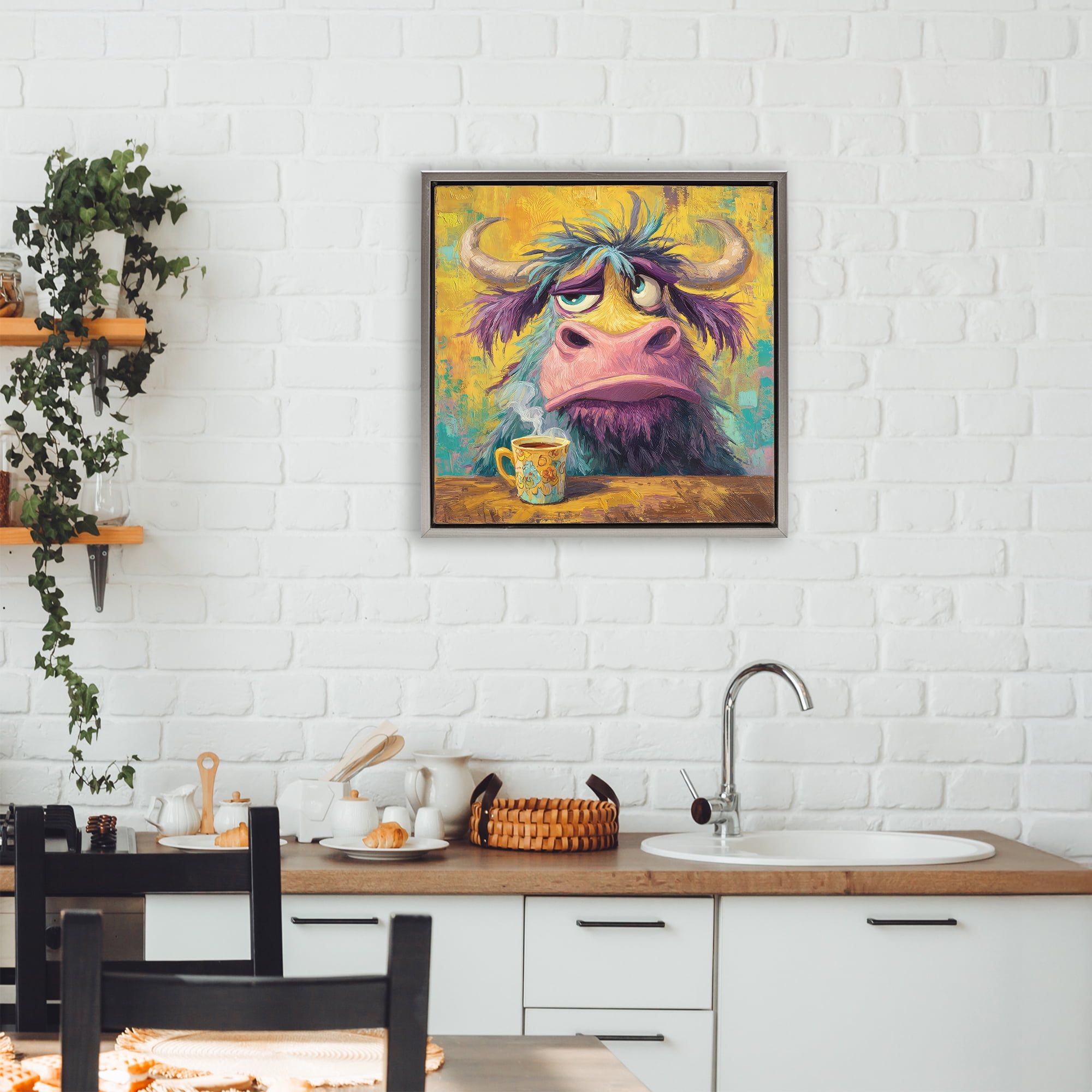 Stupell Industries Grumpy Cow & Mug Gray Framed Floater Canvas Wall Art, design by The Wands Want