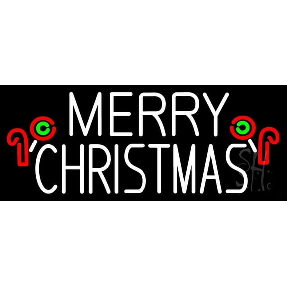White Merry Christmas With Candy Stick LED Neon Sign 10 x 24 - inches, Clear Edge Cut Acrylic Backing, with Dimmer - Bright and Premium built indoor LED Neon Sign for special occasion decor.