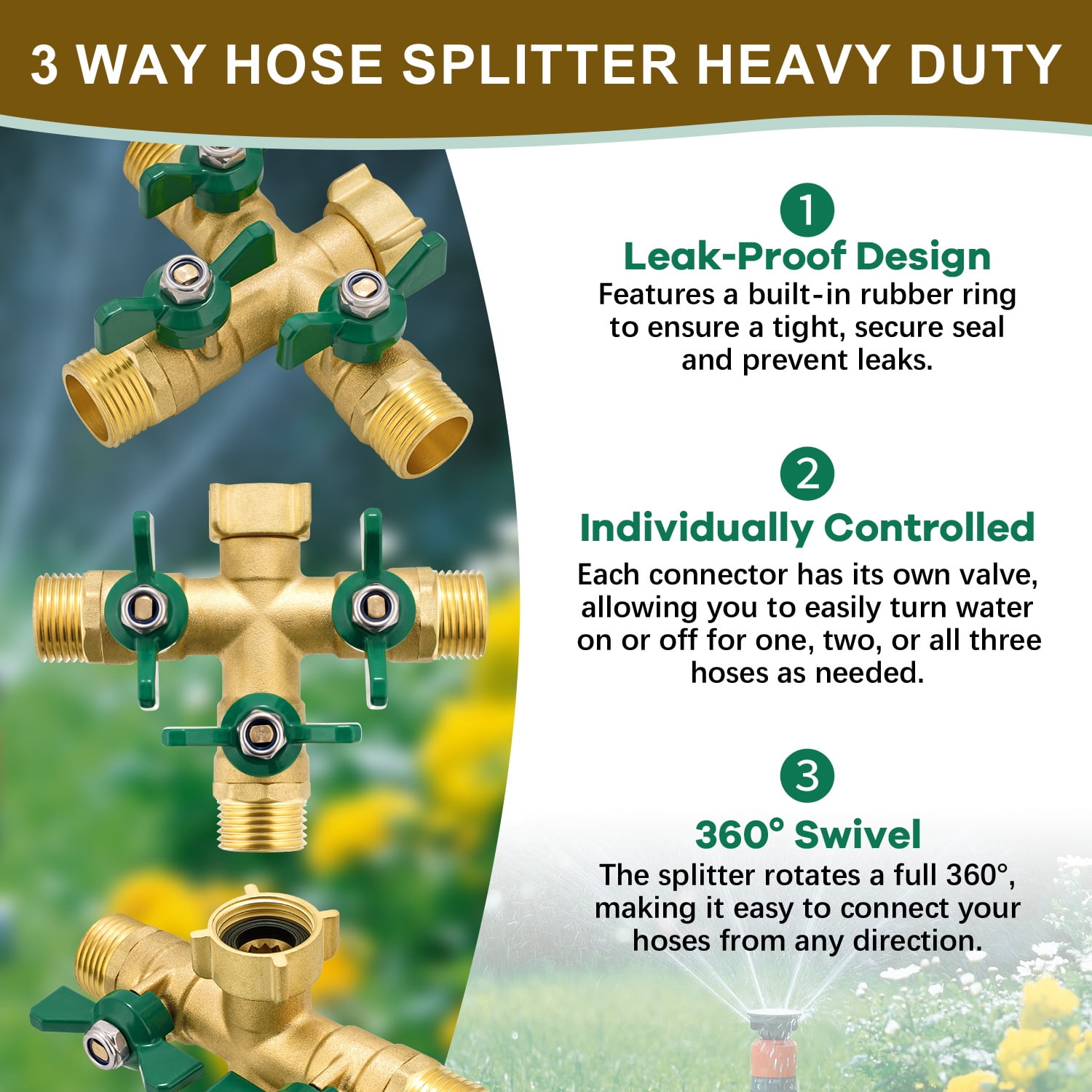 3-Way Brass Garden Hose Splitter, Heavy Duty Water Hose Valve with Long Handles for Lawn and Yard Watering