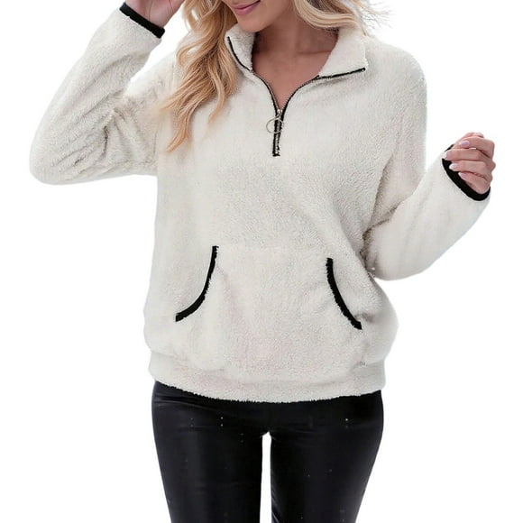 JGGSPWM Womens Coat Casual Lapel Full Zip Fleece Jacket Lightweight Comfort Long Sleeve Warm Winter Outwear with Pockets White S