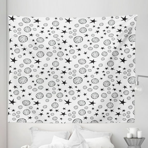 Planet Tapestry, Moon and Stars Galaxy Astronomy Repeated Pattern Cartoon Style Illustration, Fabric Wall Hanging Decor for Bedroom Living Room Dorm, 5 Sizes, White Charcoal Grey, by Ambesonne