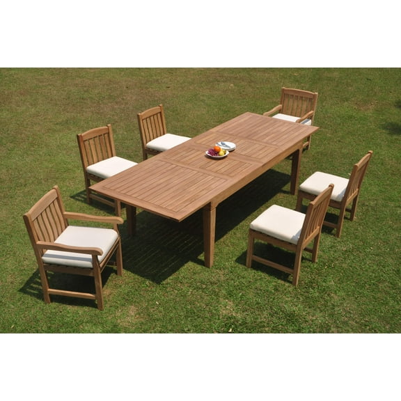 Grade-A Teak Dining Set: 6 Seater 7 Pc: 122" Caranas Double Extension Rectangle Table And 6 Devon Chairs (2 Arm & 4 Armless Chairs) WholesaleTeak #WMDV49