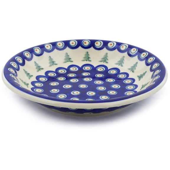 Polish Pottery 9-inch Pasta Bowl (Peacock Pines Theme) Hand Painted in Boleslawiec, Poland + Certificate of Authenticity
