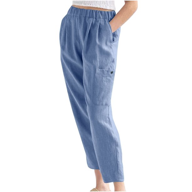 WILLBEST Pantalones Casuales elegantes para Mujer, Cintura Elástica, Pantalones Tobilleros de Lino Liso con Bolsillos para Uso Diario Chica