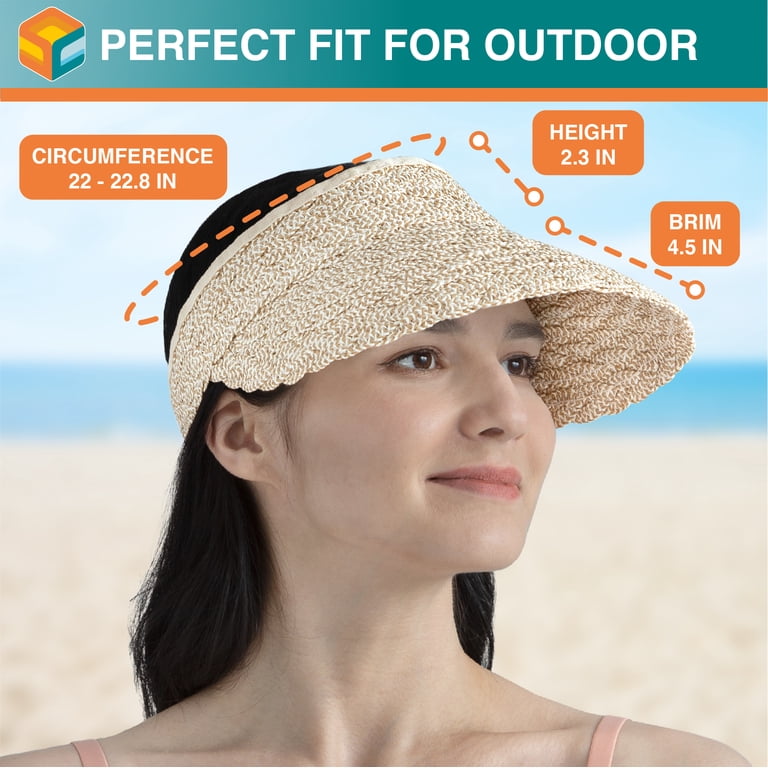 SUN CUBE Women Sun Visor Hat, Straw Beach Hat Wide Brim 