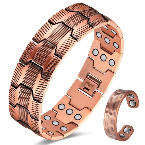 Wollet 3X Copper Magnetic Bracelet for Men, 99.99% Pure Copper Ring Jewelry Set
