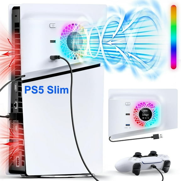 Prociv RGB Cooling Fan with Plate Cover for PS5 Slim Digital/Disc, Auto Speed Adjustable by Temperature Sensor, 3 Fan Speed Manual & USB3.0 Hubs, Cooler System Accessories for PS5 Slim Console