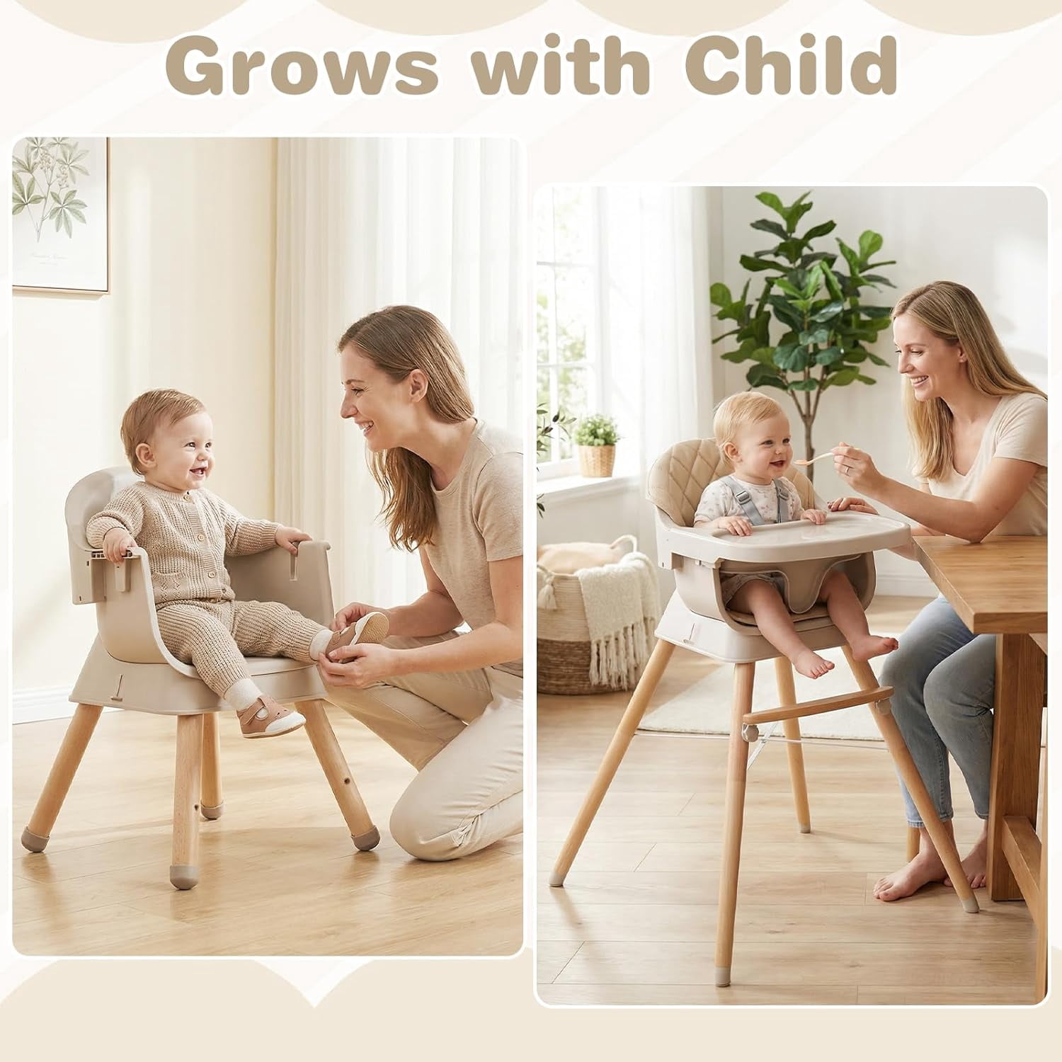 INFANS Baby High Chair, 6 in 1 Wooden Convertible Highchair for Babies and Toddlers, Infant Dining Booster Seat Kids Stool with Adjustable Removable Tray