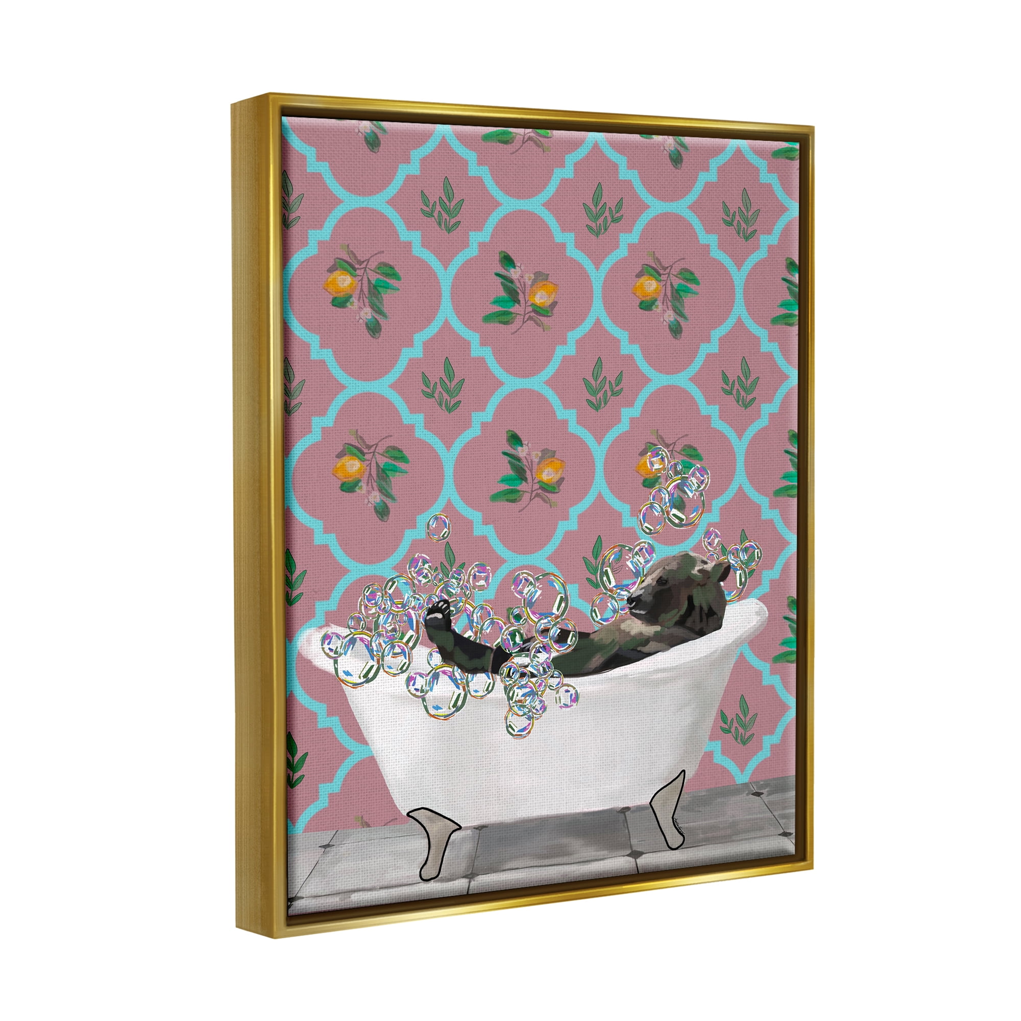 Stupell Industries Bear with Bathtub Bubbles Animals & Insects Painting Gold Floater Framed Art Print Wall Art, 25 x 31