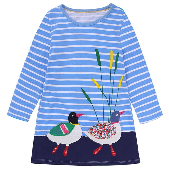Vestido Para Niñas, Ropa Para Niñas, Ropa De Otoño Para Niños, Camiseta De Manga Larga, Vestido Bordado A Rayas De Dibujos Animados, Azul Oscuro Odeerbi LM103-212