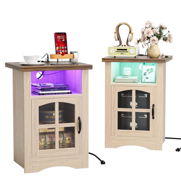 Lacoo End Table Set of 2 with LED Lights & Power Outlet, Side Table with Glass Door for Living Room, Nightstand with Storage for Bedroom, Natural