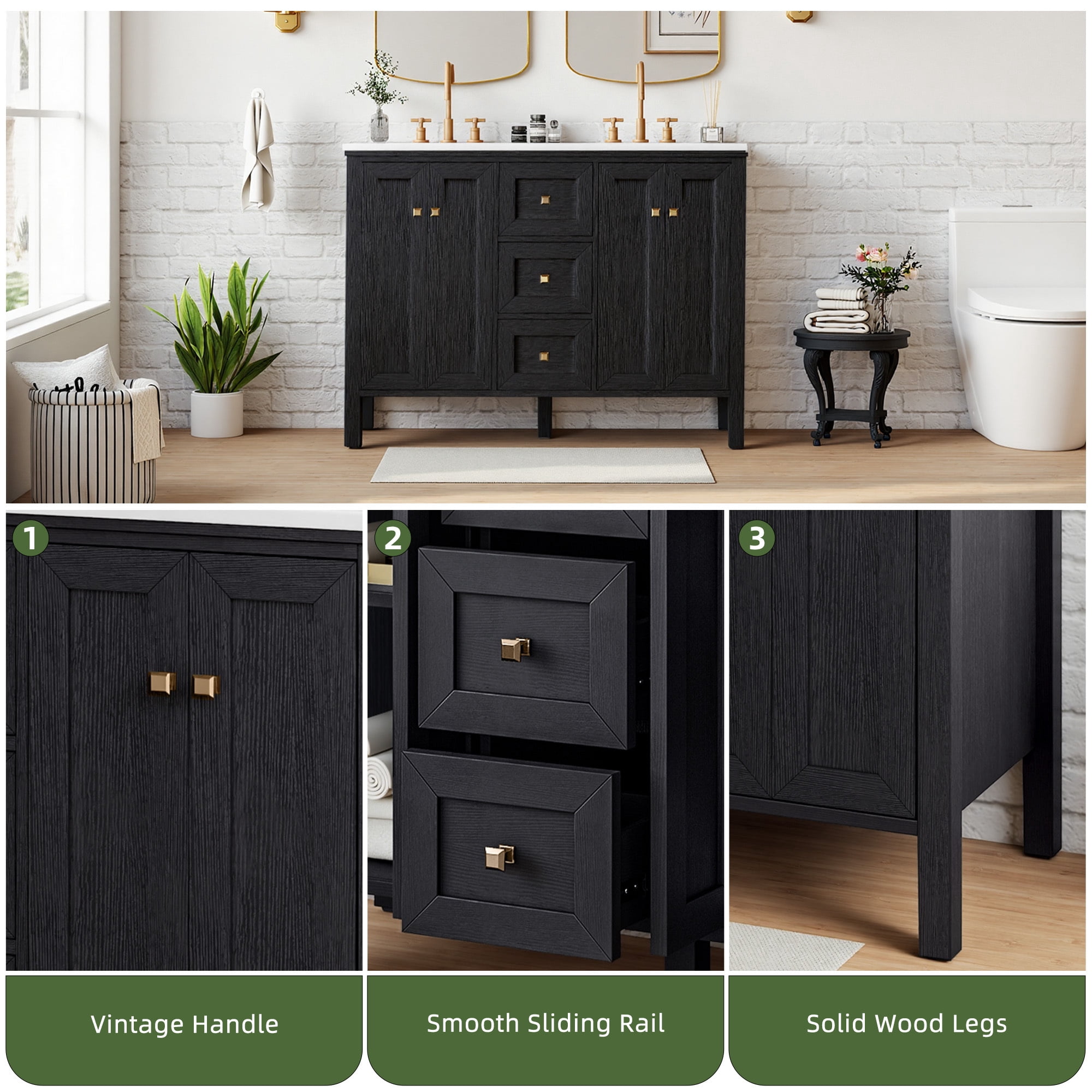 Uforic 47 Inch Bathroom Vanity with Double Sink, Retro Style, Sintered Stone Countertop, 4 Doors & 3 Drawers, 6 Pre-drilled Faucet Holes, Black