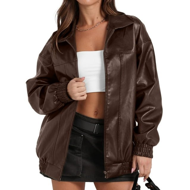 Leather Jacket Women Faux Oversized Motorcycle Coats Fall Fashion Outfits Winter Clothes Coffee Color XL
