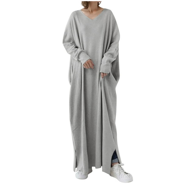 Weiqiqre Robes pour Femmes Grande Taille Solde de Feu Robe Décontractée pour Femmes Grande Taille Couleur Unie Col en V Manches Longues Hiver Automne Basique Décontractée Maxi Longue Robe Robe Quotidienne de Vacances