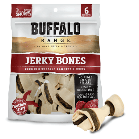 Buffalo Range Rawhide Dog Treats | Healthy, Grass-Fed Buffalo Jerky Raw Hide Chews | Hickory Smoked Flavor | Jerky Bone, 6