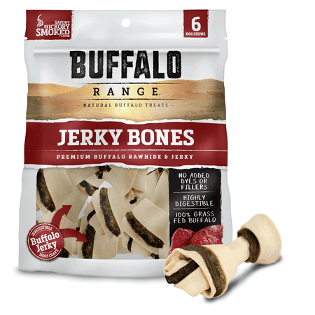 Sm Dog Chew Bone - Buffalo Range Rawhide Dog Treats | Healthy, Grass-Fed Buffalo Jerky Raw Hide Chews | Hickory Smoked Flavor | Jerky Bone, 6 Count