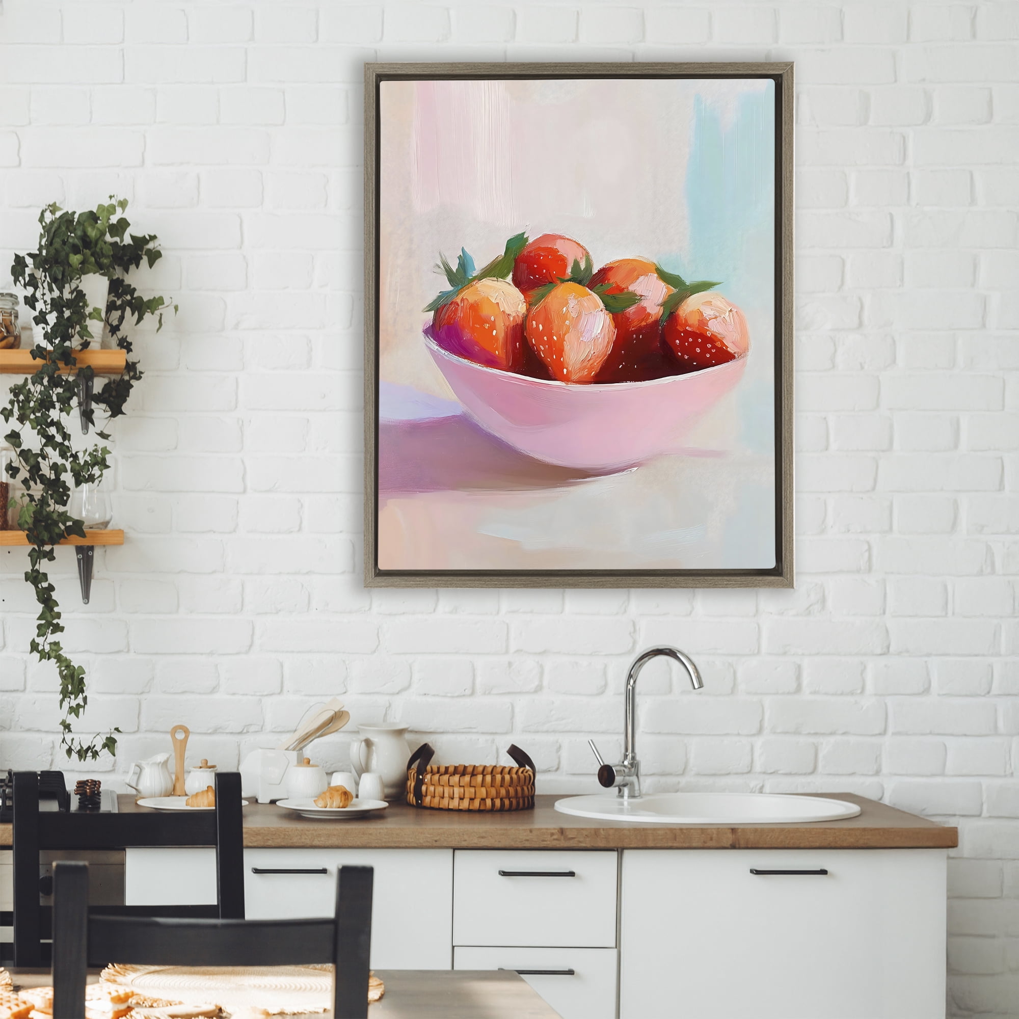 Stupell Industries Pastel Bowl of Strawberries Brown Framed Floater Canvas Wall Art, design by The Prints Vibe