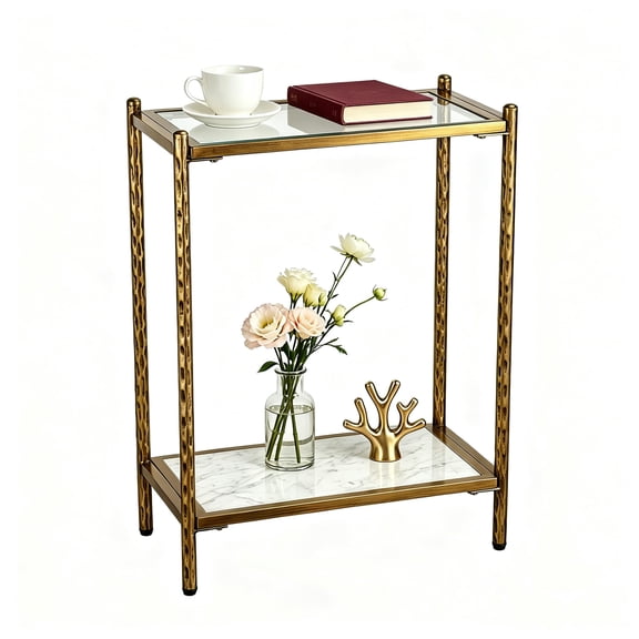 Antique Gold Hammered Metal Side Table with Glass Top & Marble Shelf