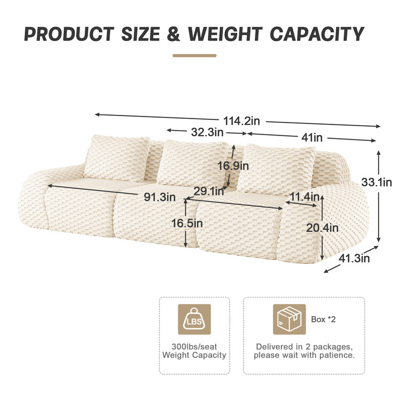 114" Modern Modular Sectional Sofa for Living Room,Flannelette Fabric,Oversized 3-Seater Couch,boneless sofa,Deep Seat,Buckle connection,Anti-slip Design,No Assembly,White
