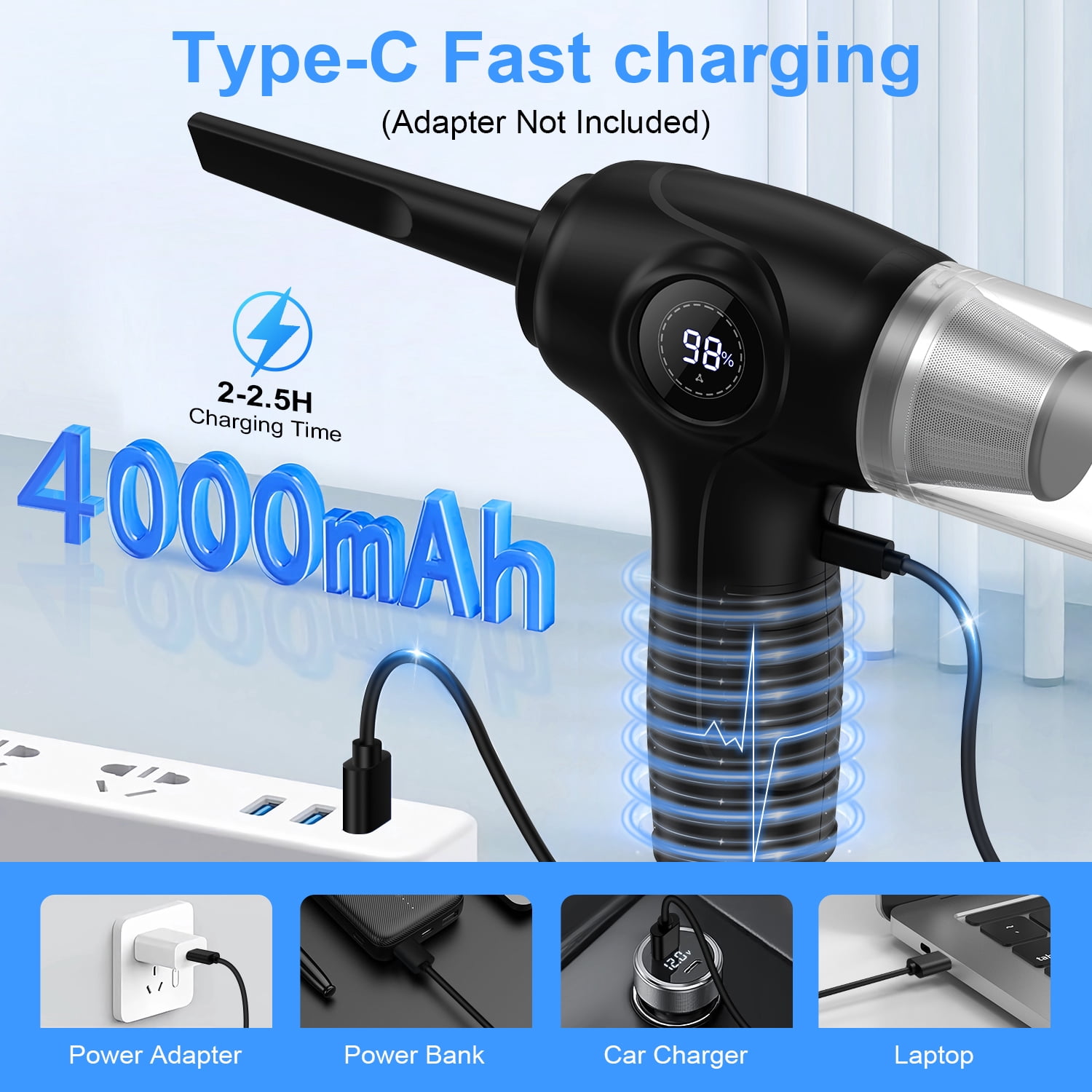 Compressed Air Duster Cordless Handheld Vacuum,AILKIN 6000mAh with LED Light 3-Gear Speed Air Blower Electric Air Duster Cleaner for Computer Keyboard Cleaning,Car,Electronics,Pet Hair,Office