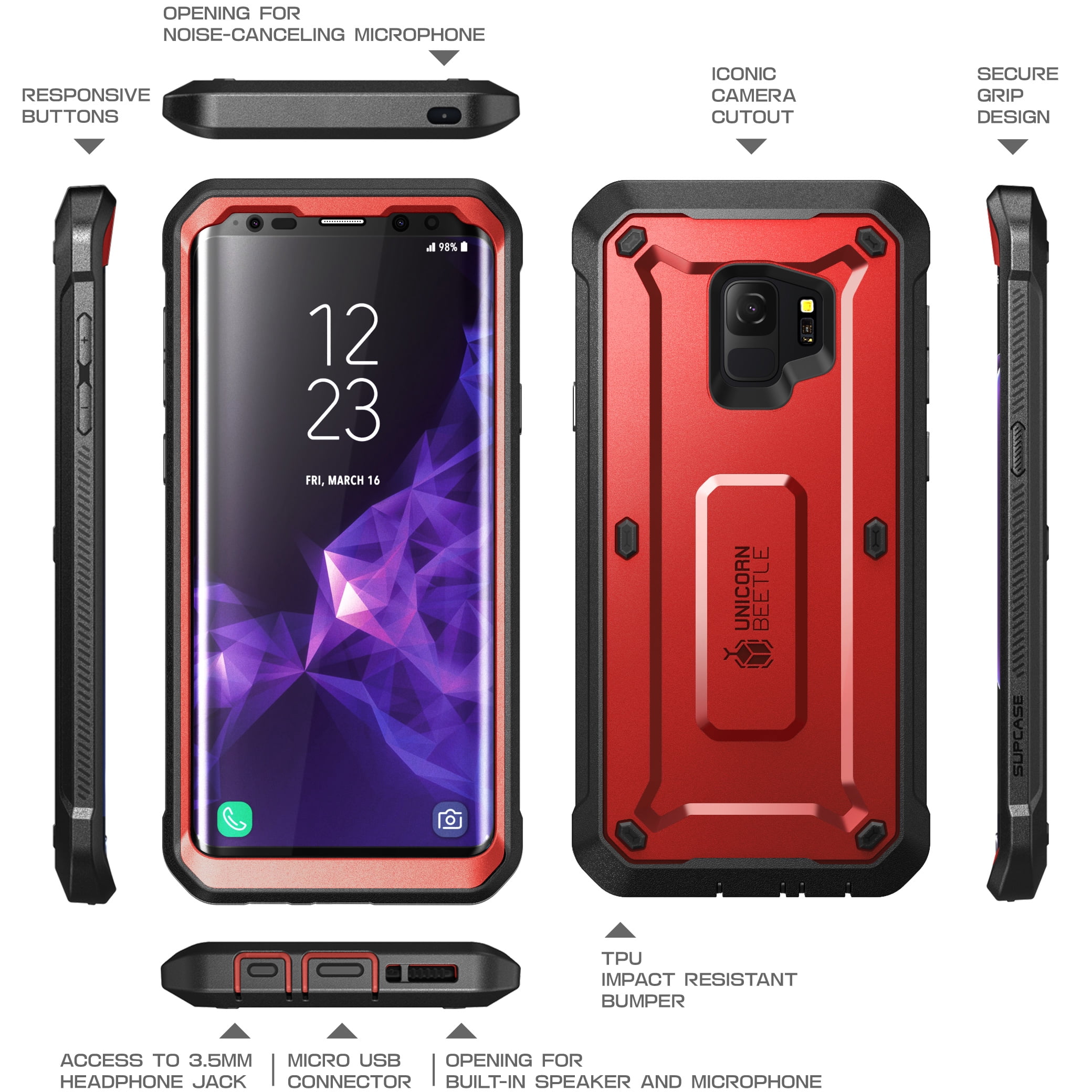SUPCASE Unicorn Beetle Pro Series Case Designed for Galaxy S9, with Built-in Screen Protector Full-Body Rugged Holster Case for Galaxy S9 (2018 Release) (MetallicRed)