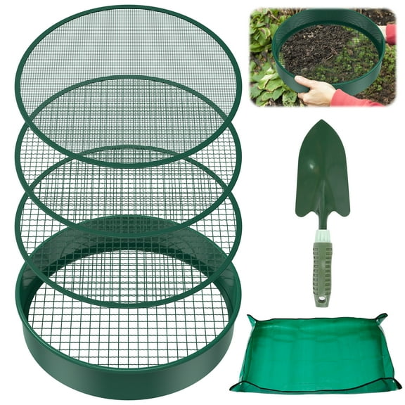 Soil Sieve Set Rustproof Metal Garden Soil Sifter with 4 Interchangeable Sieves Sizes 3/6/9/12mm Multifunctional Efficient Soil Sifter Set with Shovel and Soil Mat for Rocks Bonsai Compost