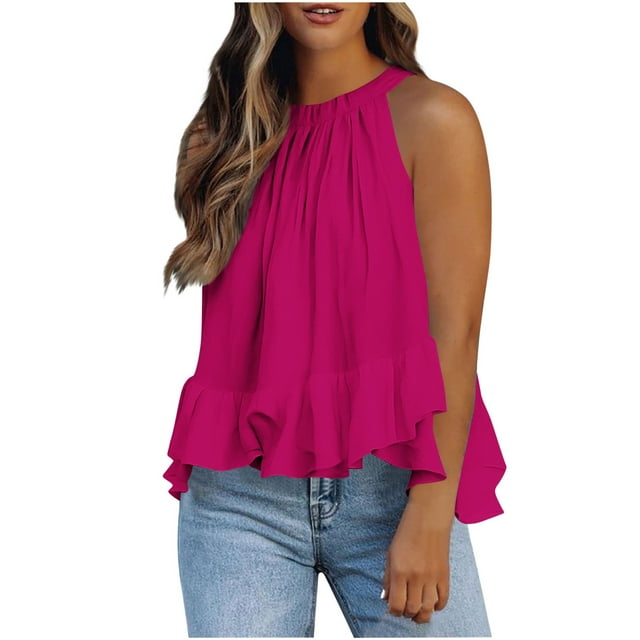 Weiqiqre Women's Clothing Adjustable Tie Neckline Ruffle Hem Sleeveless Flowy Halter Tops