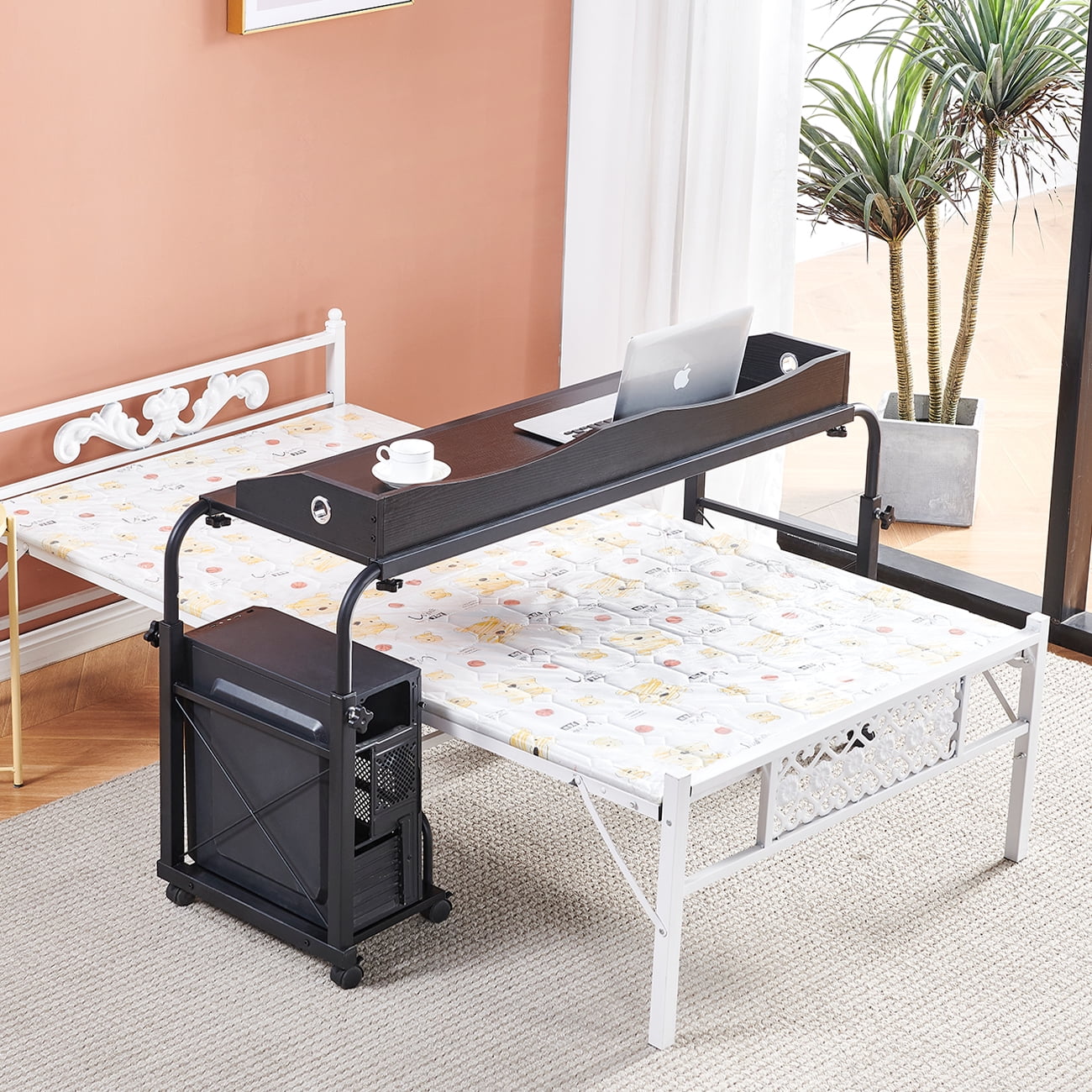Coffee Huisenus Adjustable Bed Table with Wheels Medical Overbed Table Movable Bed Table Rolling Home Office Desk with Keyboard Drawer Width Up to 78.7 for Twin/Twin XL/Full/Queen/California King 