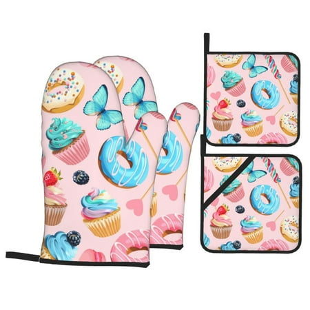 

Oven Mitts and Pot Holders Sets 4 pcs - Cupcakes and Donuts Heat Resistant Silicone Oven Gloves with Non-Slip Silicone Surface and hot pads for kitchen Baking Cooking BBQ