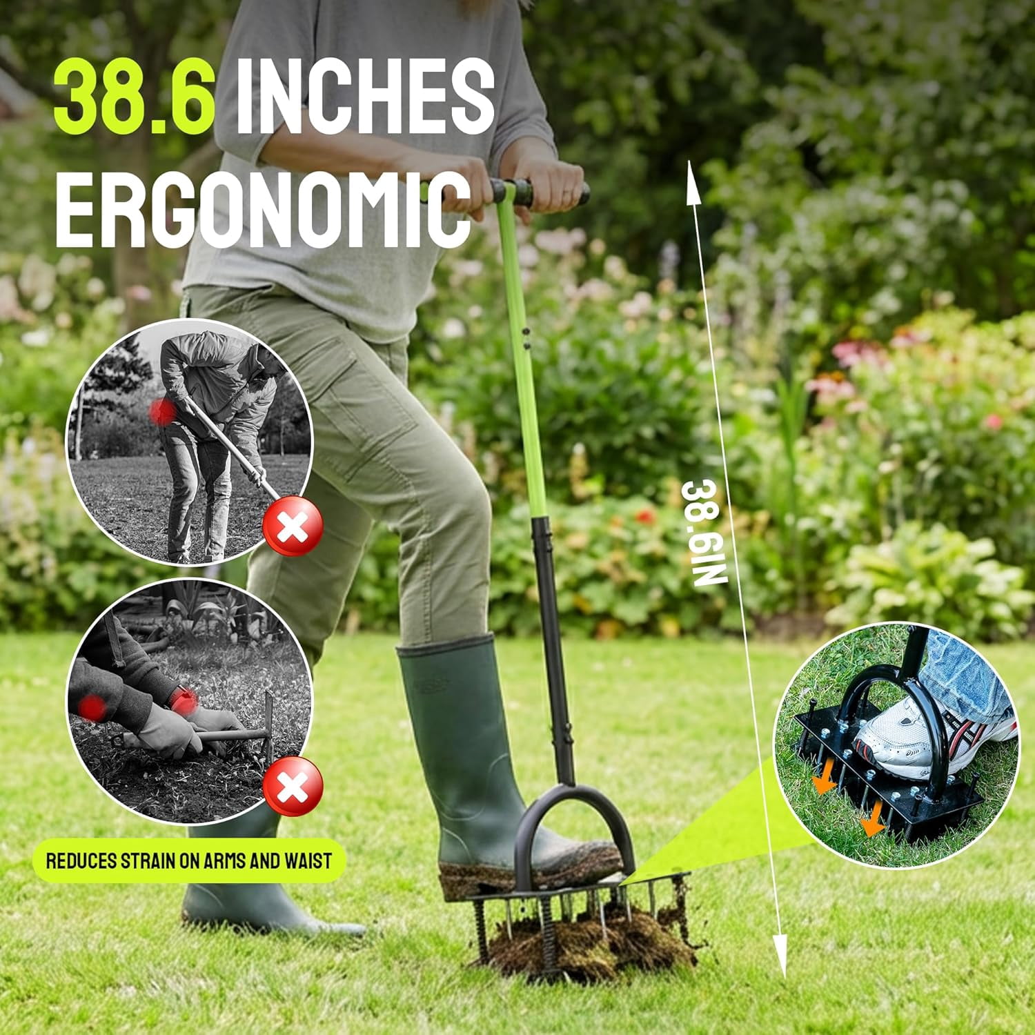 Lawn Aerator Manual Tool with 16 Spikes, Metal Grass for Yard, Aeration, Automatic Dirt Clean Soil Loosening & Yard Pre-Assembled (Black Green)