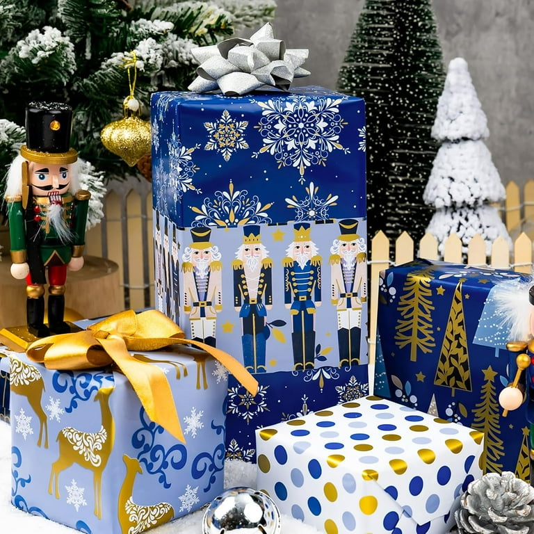 HOMERAL Christmas Wrapping Paper Roll - Deep Blue Gift Wrap with Nutcracker, Christmas Tree, Snowflake, Elk, Polka Dot, "Merry Christmas" - Perfect for Christmas - 17 X 120 Inch(3 Rolls)