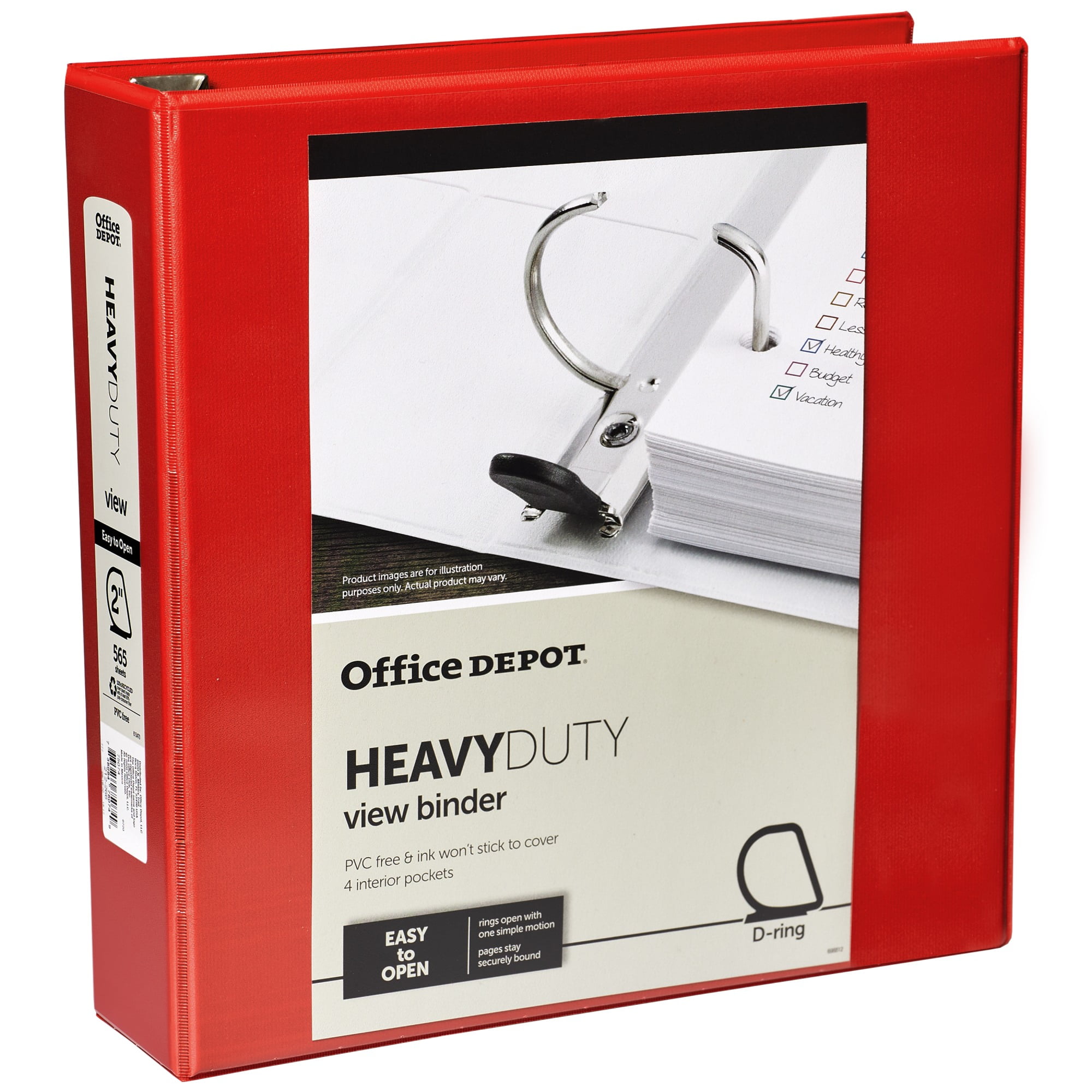 Office Depot® Brand Heavy-Duty D-Ring View Binder, 2' Rings, 54% Recycled, Red