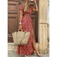thumbnail image 4 of Women Summer Trend Holiday Dress Sexy Casual Elegant V-Neck High Slit Irregular Retro Vintage Print Slim With Belt Midi Dress, 4 of 9