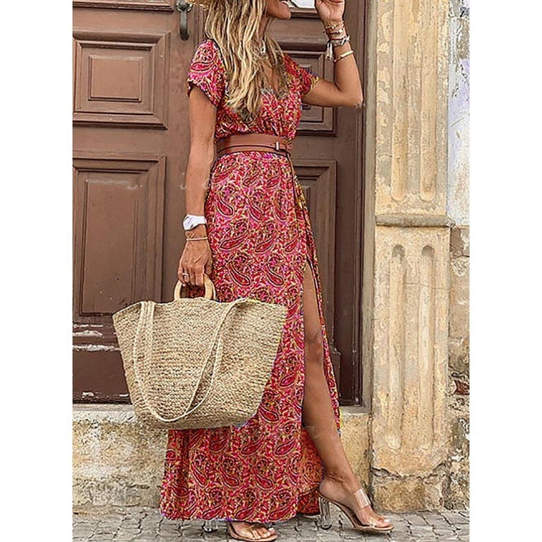 Women Summer Trend Holiday Dress Sexy Casual Elegant V-Neck High Slit  Irregular Retro Vintage Print Slim With Belt Midi Dress - Walmart.com