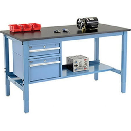 

60 x 30 in. Production Workbench - Phenolic Resin Safety Edge with Drawers & Shelf Blue