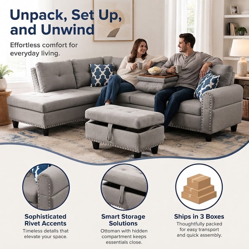 98" L-Shaped Sectional Sofa with Storage Ottoman, 4-Seat Linen Upholstered Modular Couch with Left Chaise, Drop-Down Backrest with Cup Holders, Nailhead Trim, 3-Piece Sofa Set for Living Room, Office