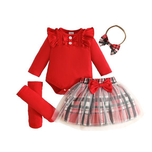 Duqingm Baby Girl Clothes Newborn Fall Winter Outfit Ruffled Long Sleeve Romper Lace Dress Headband Skirt Set 0-18 Months (Red,12-18 Months)