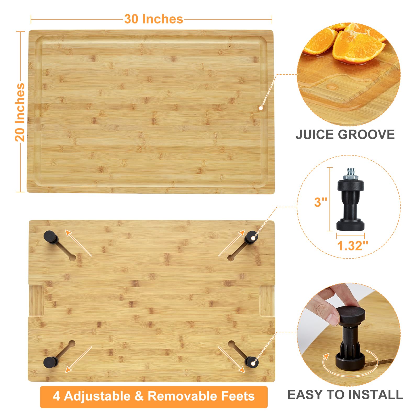 Bamboo Cutting Board Stovetop Cover, 30"x20" Extra Large Noodle Board with 4 Removable Feet, Juice Groove, Wooden Stove Top Covers for Electric Stove