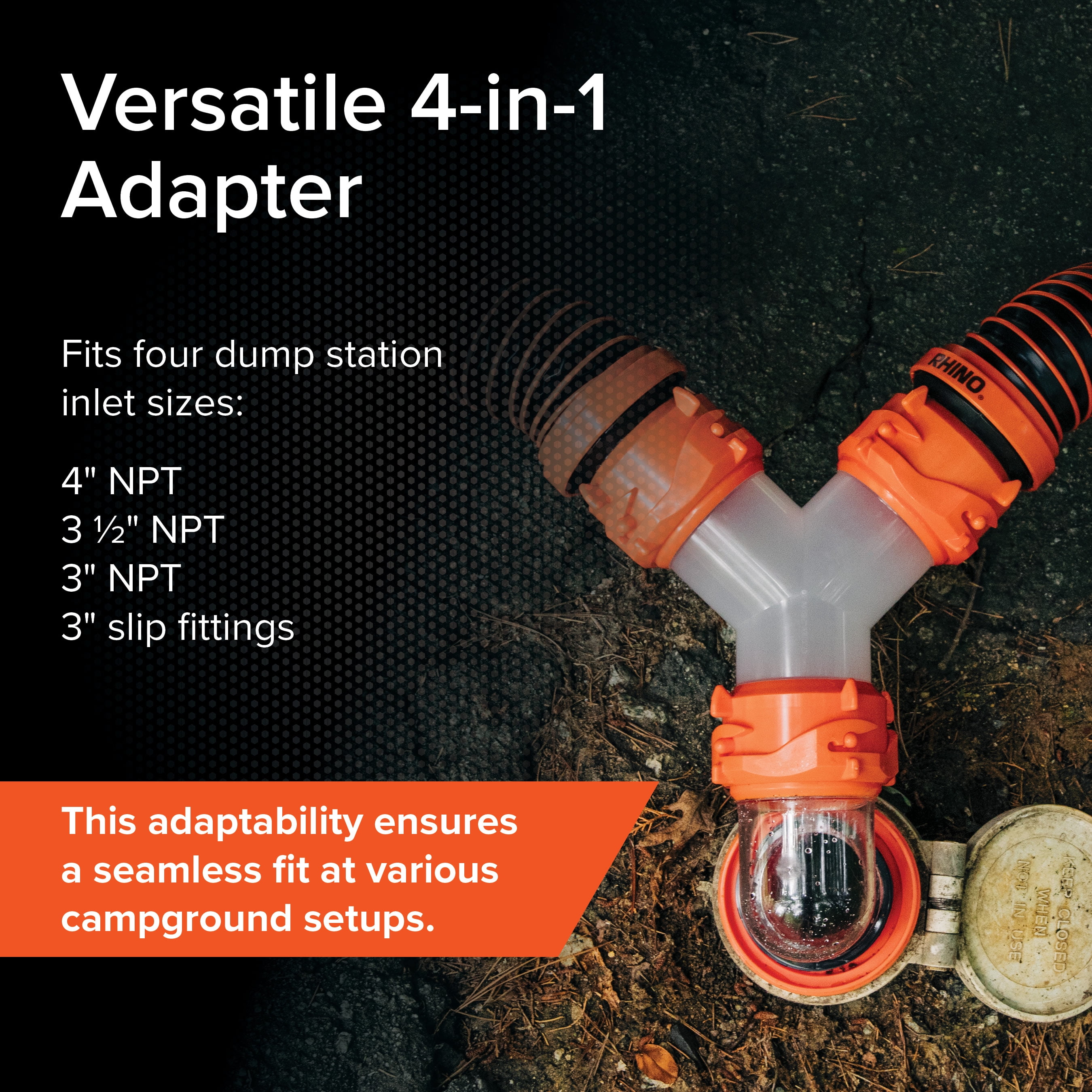 Camco Rhino Clear RV Sewer Hose Elbow with 4-in-1 Adapter - Orange (39736)
