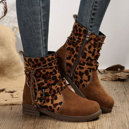 Daznico Womens Booties Women Autumn Square Heels Zipper Leopard Print Short Booties Round Toe Shoes Womens Boots Size 8