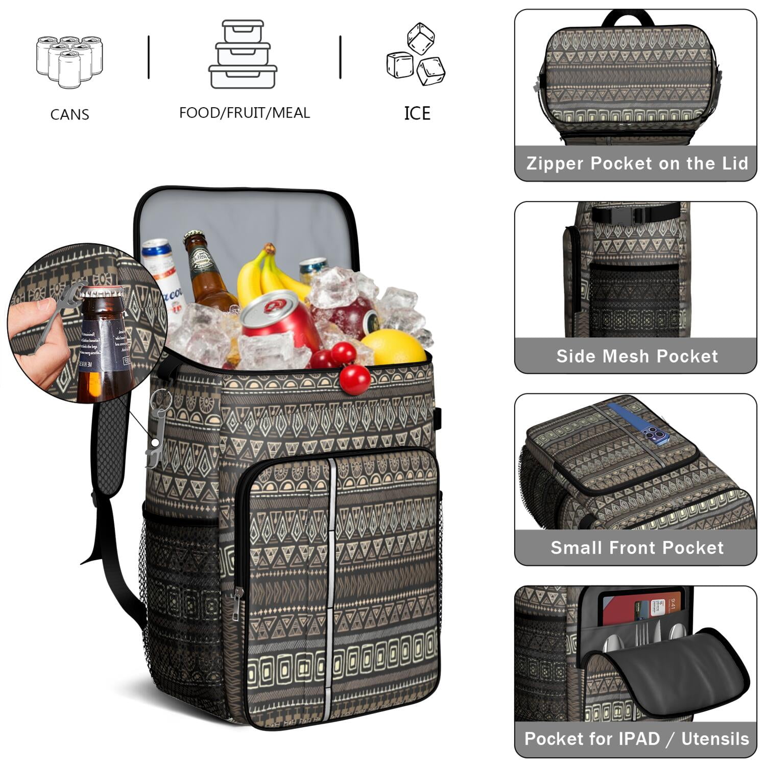 Travel Cooler Bag - Boho Bohemia Pioneer Flower Geometric Line Art Camping Beer Cooler Backpack with Bottle Opener- Waterproof Insulated Picnic Backpacks - Cooler Bag for Beach