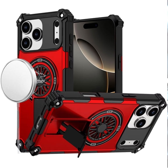 For iPhone 17 PRO Case Rugged Magnetic Circle w/ Pop-Out Stand   Tempered Glass