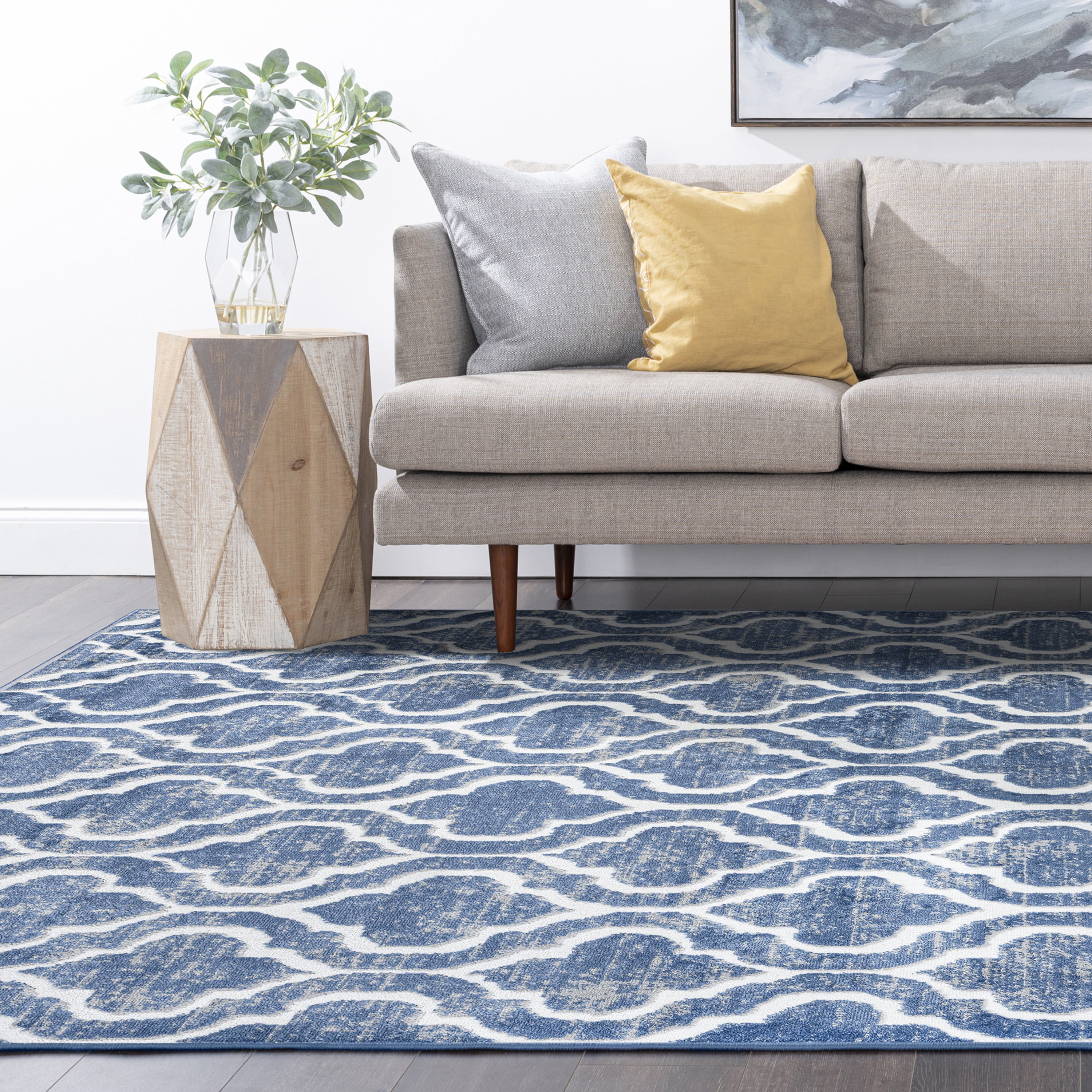 Transitional 8x10 Area Rug (7'11'' x 10'3'') Geometric Blue, White Living Room Easy to Clean